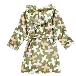 Okie Dokie Boys Plush Green Airplane Themed Hooded Pajama Robe Wrap-Around Sz 6